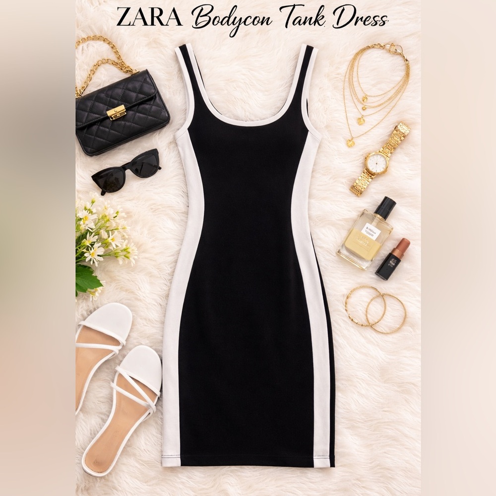 NEW/NWT Zara Black and White Bodycon Midi Dress